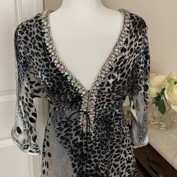 MERCEDES RIVERA SILK CRYSTAL LEOPARD PRINT ONE-OF-A-KIND  EMBELLISH DRESS - Picture 3 of 16